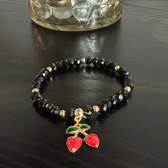 Jewelry - Black Beaded Bracelet with Cherry Charm